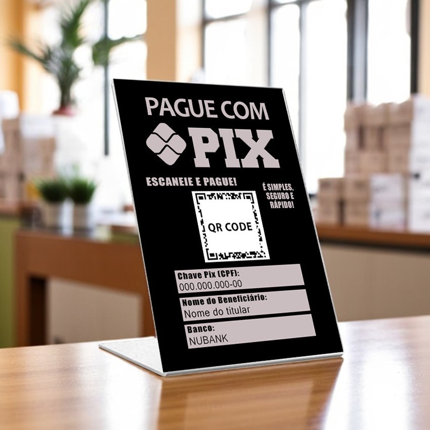 Placa Pix QR Code Personalizado 10x15cm | Display de Balcão para Pagamento | Suporte de Mesa para Lo