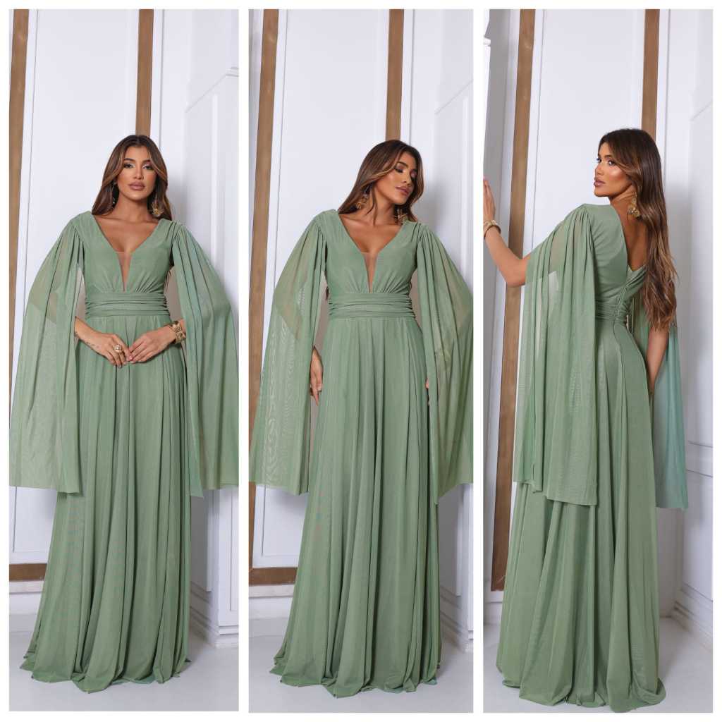 Vestido Manga De Tule Para Festas Corporativas e Casamentos Com Detalhes Nos Ombros