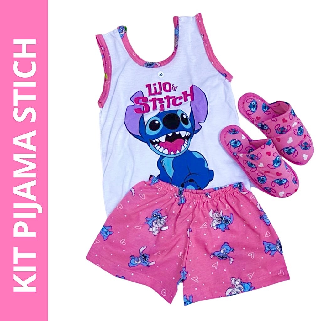 Kit 1 Short Dool Infantil Feminino + 1 Pantufa  Infantil Stitch Blogueira Roupa de Dormir Festa Do P