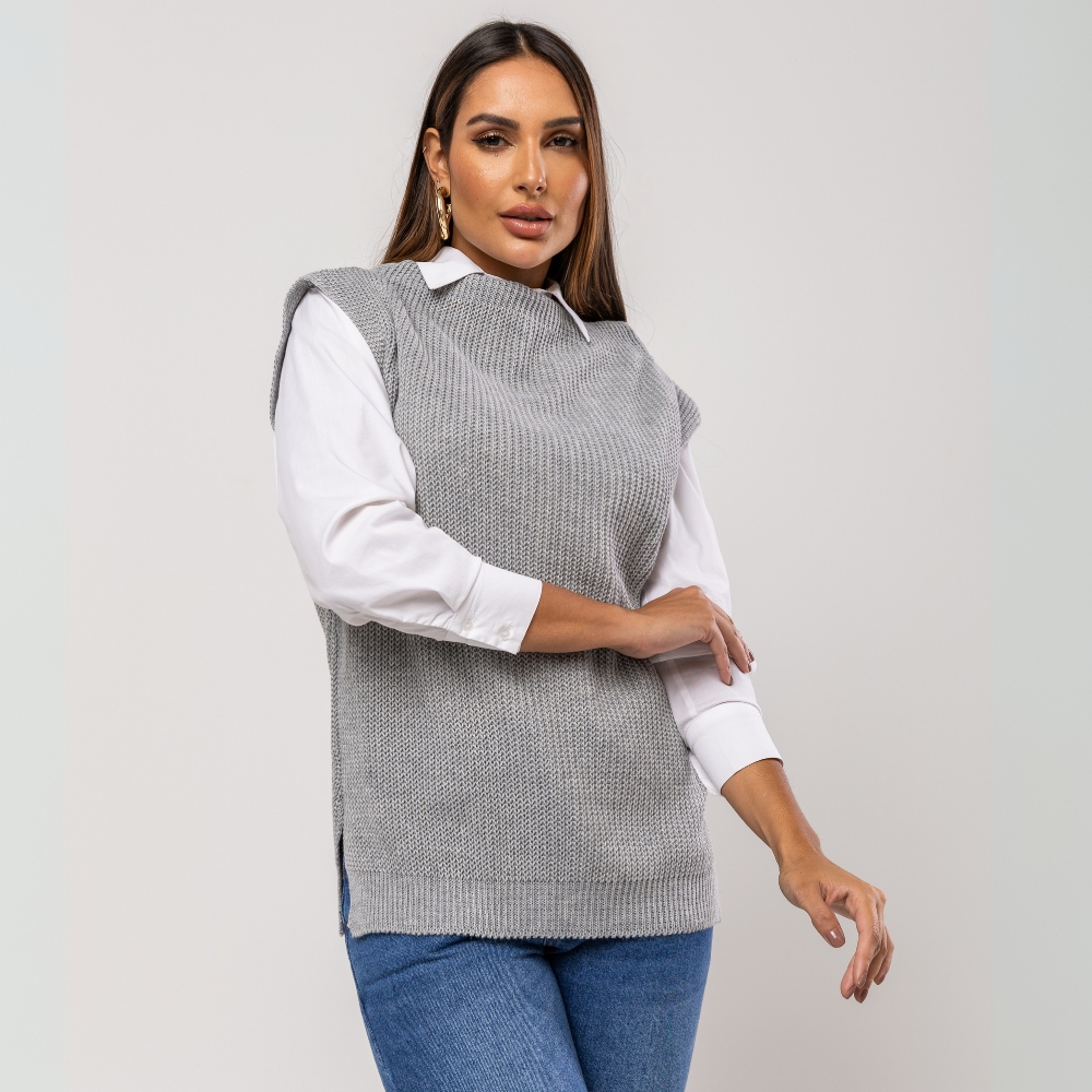 Colete Feminino Tricô Alongado Sem Manga para Sobreposição