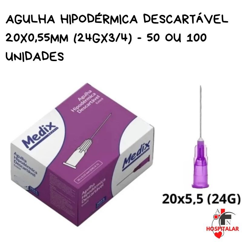 Agulha Hipodérmica Descartável 20×0,55MM (24Gx3/4) – 50 e 100 Unidades