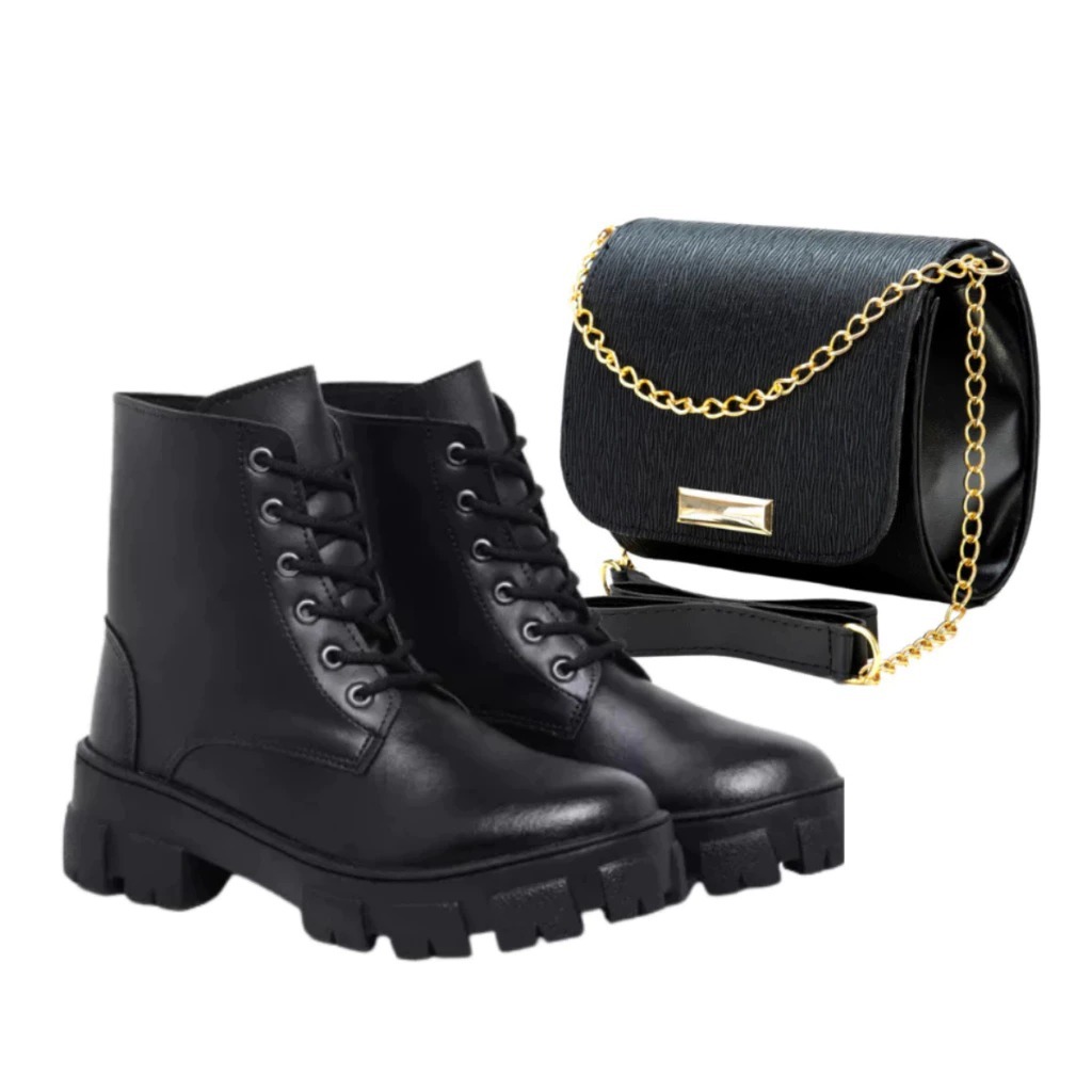 Bota Coturno Salto Baixo Plataforma Cano Baixo com Zíper + Bolsa Feminina Delicada