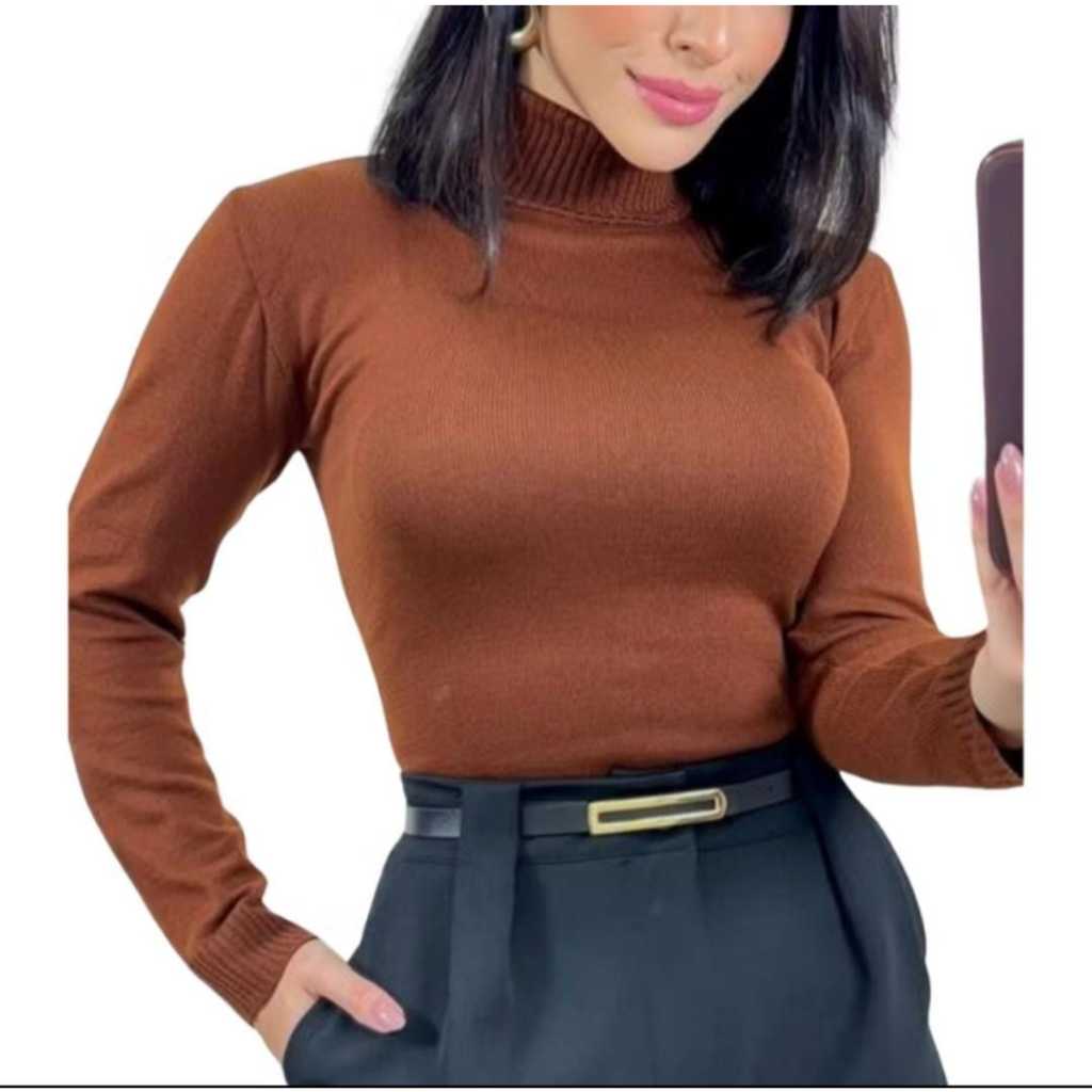 Casaco Feminino Blusa de Frio Tricot Cacharrel Suéter Gola Alta Básico e elegante Moda Outono Invern