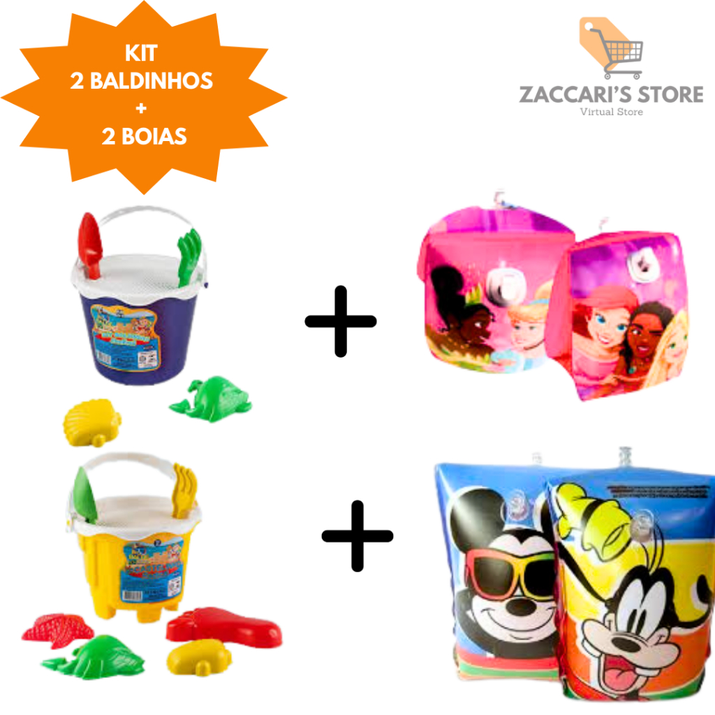 Kit Baldinho de Areia 2 Unidades + 2 Boias De Braço Para Praia Para Crianças