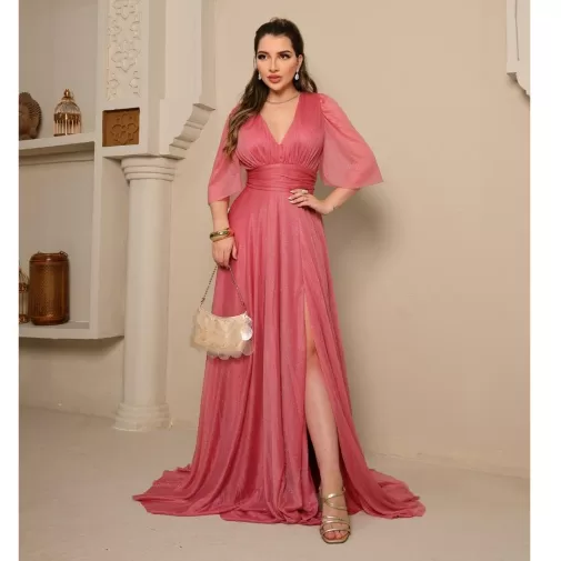 Vestido Longo de Festa Manga Curta Com Decote Bril