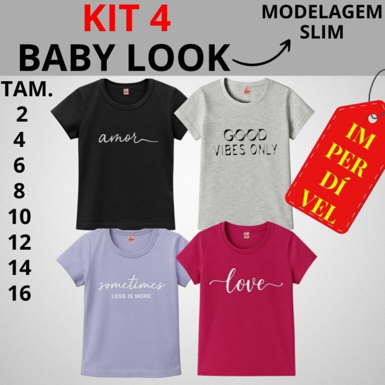 KIT 4 Baby look Infantil Juvenil Feminina com Esta