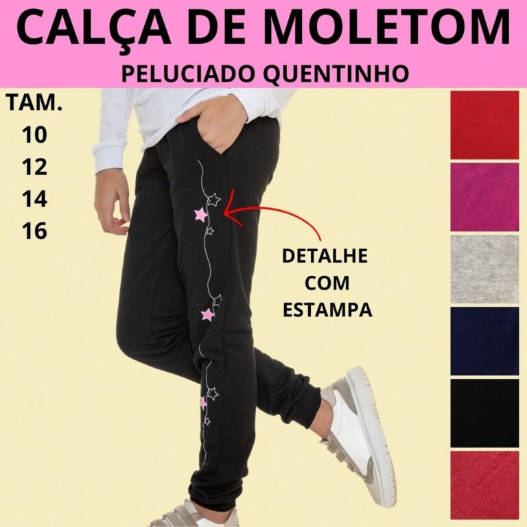 Calça Juvenil Moletom Peluciado Estampa 2 Bolsos 