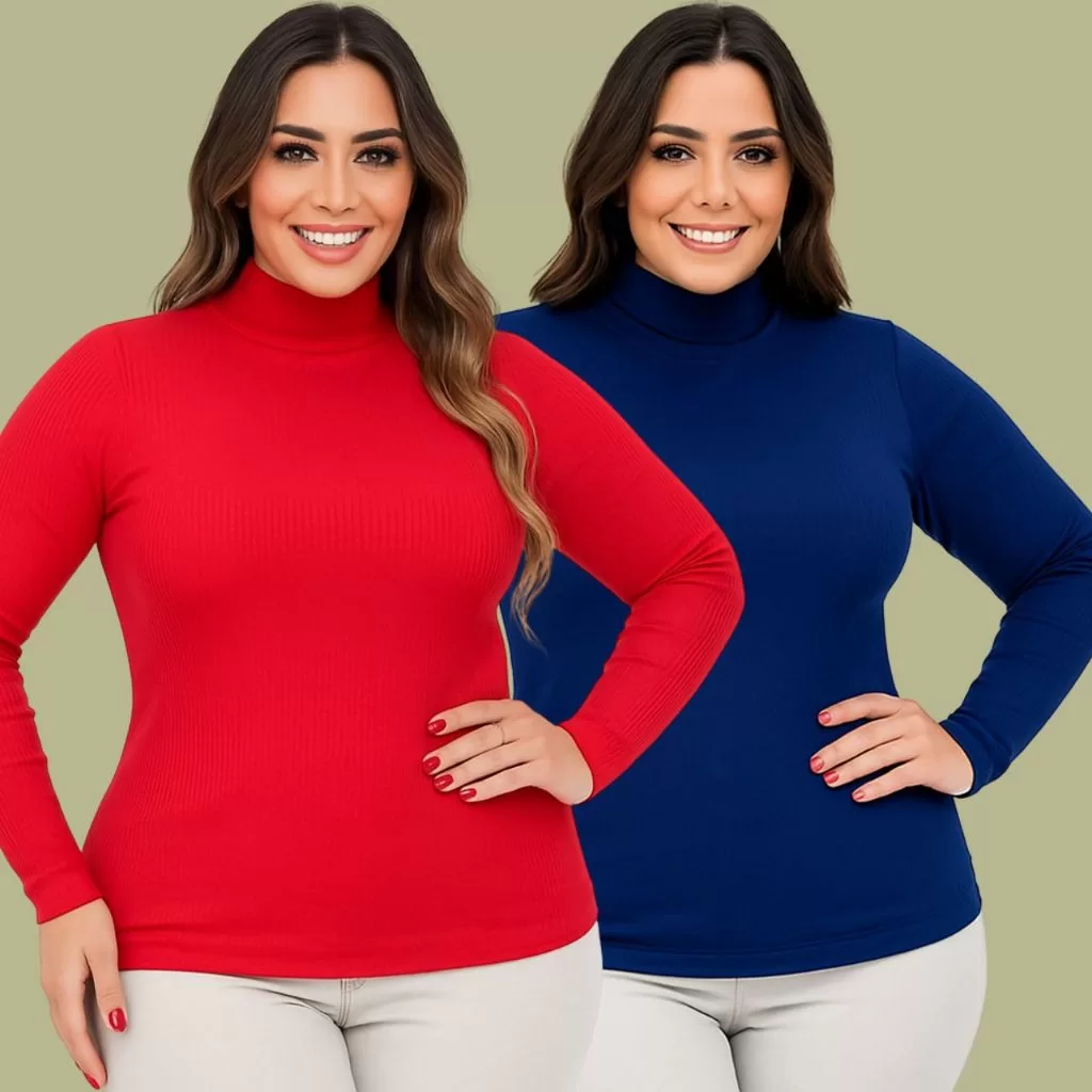 Kit 2 Blusas de Frio Feminina Gola Alta Manga Longa Plus Size Blusa Segunda Pele Inverno Gestante