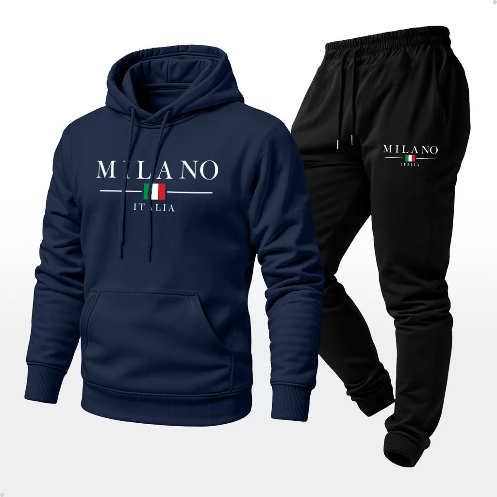 Conjunto Moletom Unissex Estampado Milano Itália Calça e Blusa Com Capuz Bolso Canguru