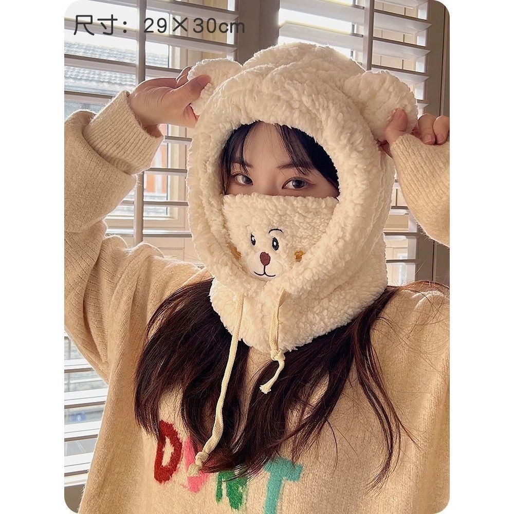Chapéu de orelhas de urso Kawaii capa de cachecol 3 em 1 gorro de lã de lã de ovelha gorro de malha
