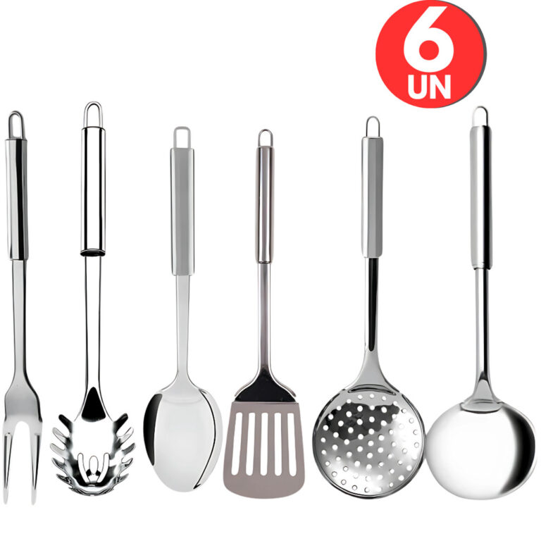 Combo 6 Utensilios de Cozinha Inox , Escumadeira, 