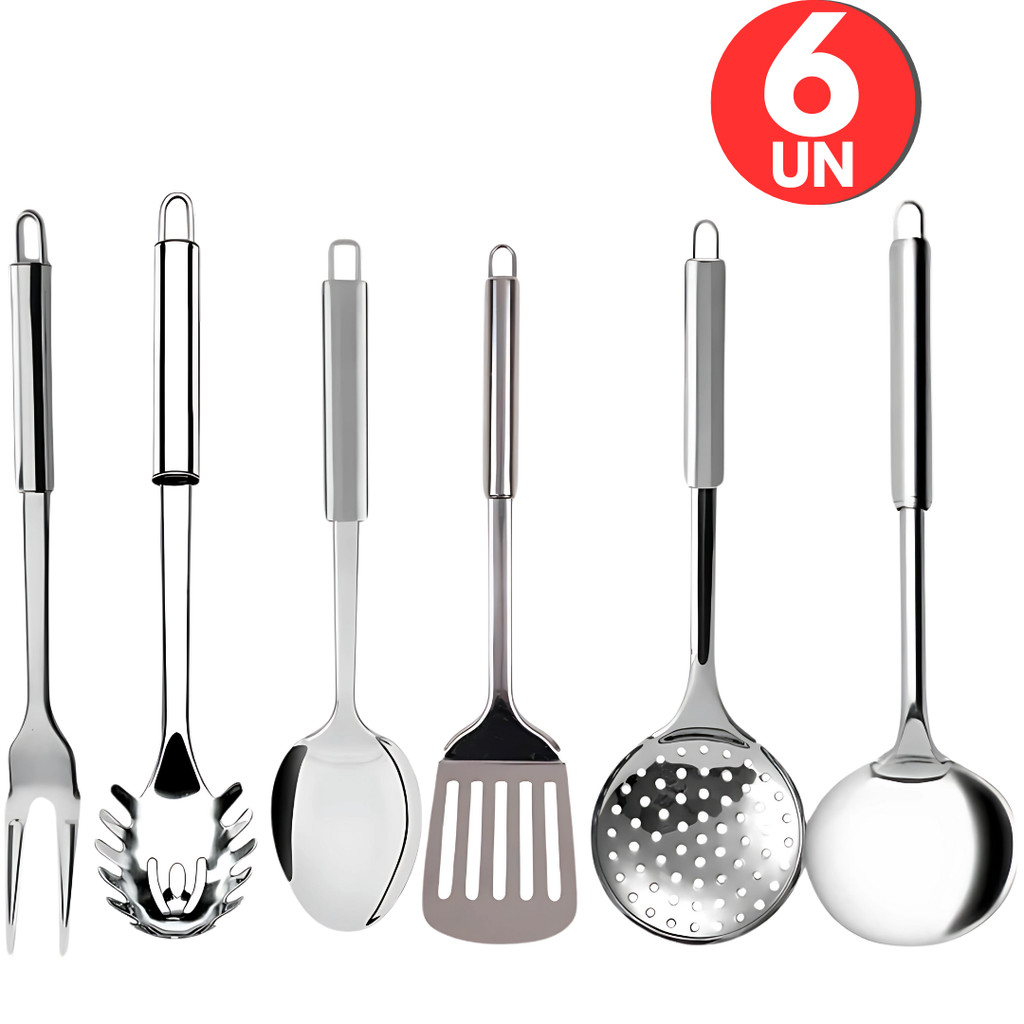 Combo 6 Utensilios de Cozinha Inox , Escumadeira, Concha, Garfo Trinchante, Espátula Vazada, Colher