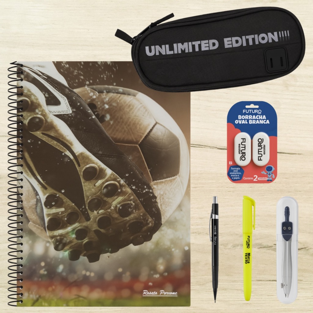 Kit papelaria BASIC SET – Estojo DUPLO 2 Borrachas Compasso Caderno Capa Dura 96folhas Lapiseira e M