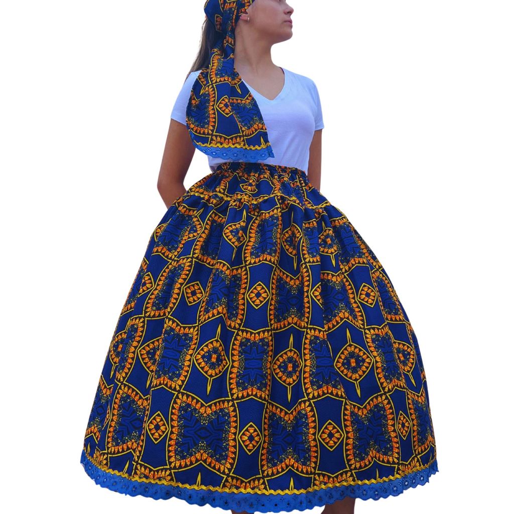 Conjunto Saia e Ojá Pano de Cabeça Estampa Africana Umbanda Candomblé Várias Cores 4mt De Roda