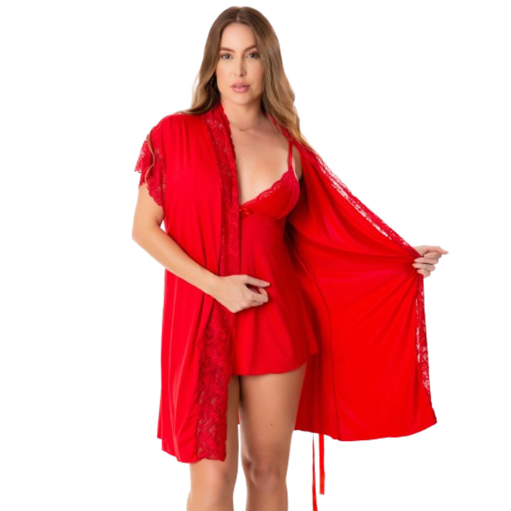 Kit Camisola Decote Nas Costas Sensual E Robe De Renda Roupão Kimono Noiva Linha Noite