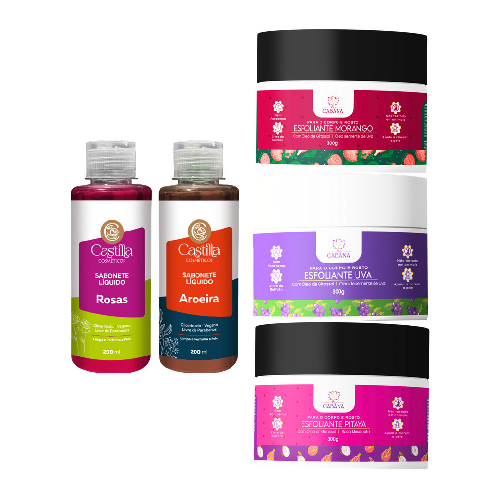 Kit Sabonete Castilla 200mL (Rosas ou Aroeira) + Esfoliante Fio Cabana 300g | Vegano e Perfumado