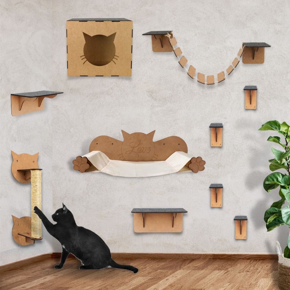 Melhores Playground para Gatos Rede Arranhador Brinquedo de Gato kit  9 peças Mdf Ponte Nicho Degrau
