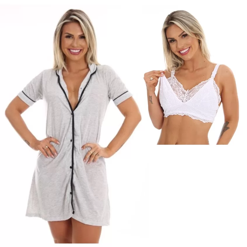 Kit Maternidade Blogueira Luxo Sutiã Branco e Camisola Cinza Malha Premium Promoçao