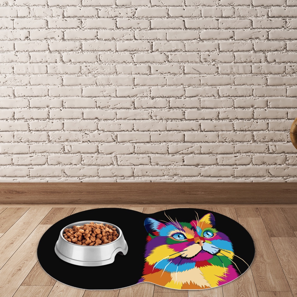 Tapete Pet Oval Comedouro para Gato Fundo Preto Antiderrapante Dcorô