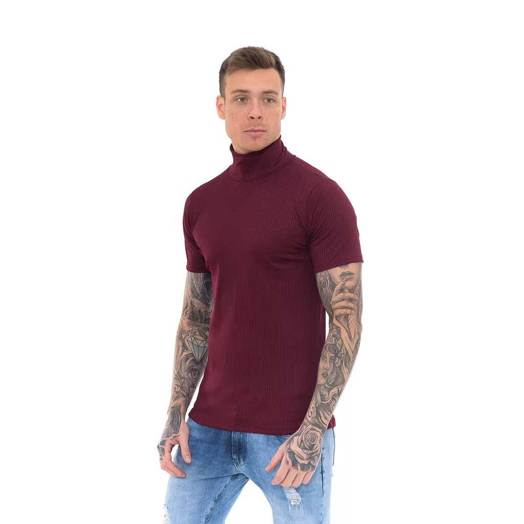 Cacharrel Manga Curta Camiseta Canelada Blusa Gola Alta