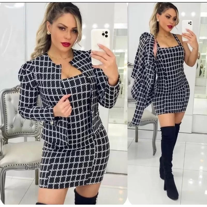 conjunto xadrez vestido + blaser feminino lançamento