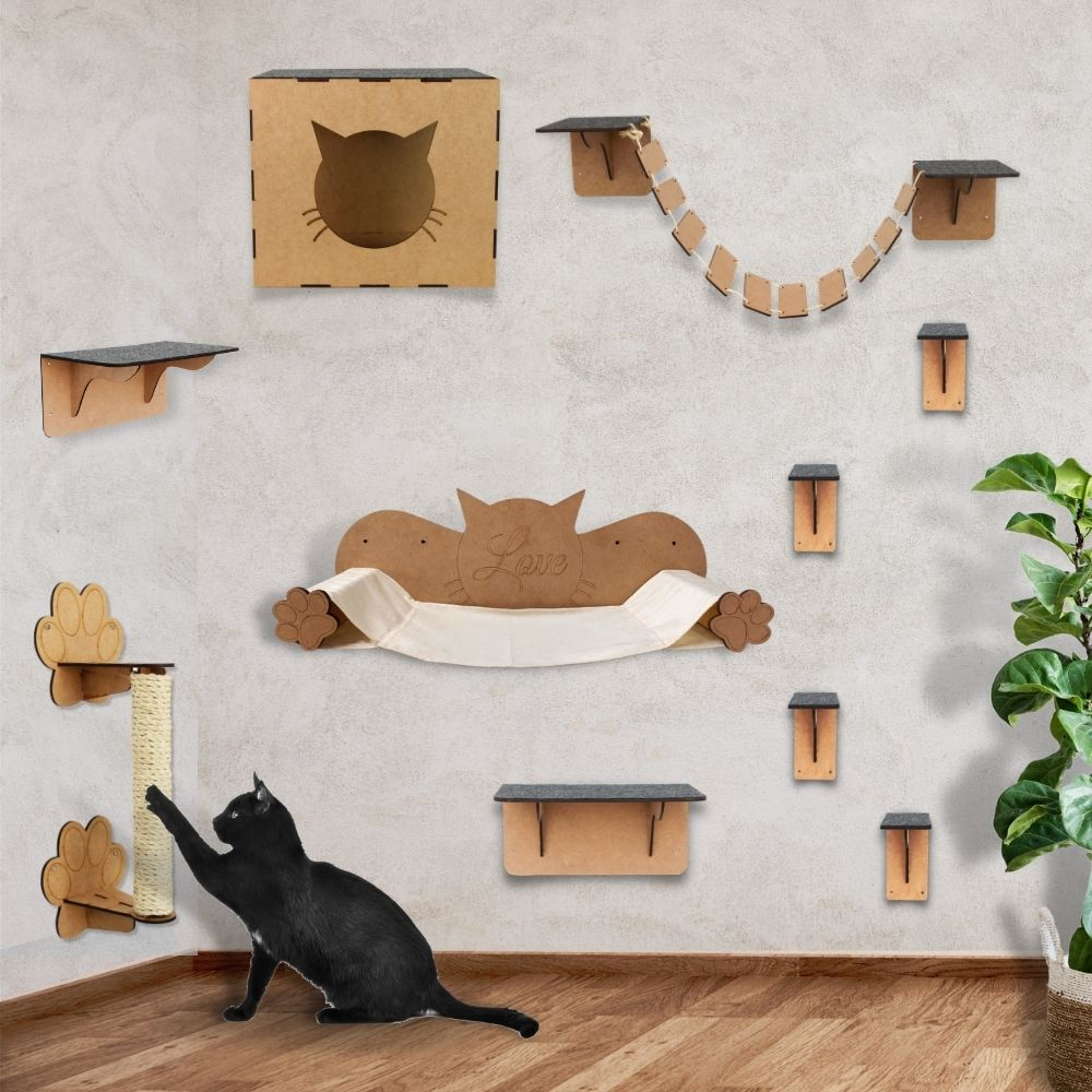 Playground de Gatos Kits Toca Nicho Arranhador Rede Suspensa Casinha Escadinha Pontes Prateleiras