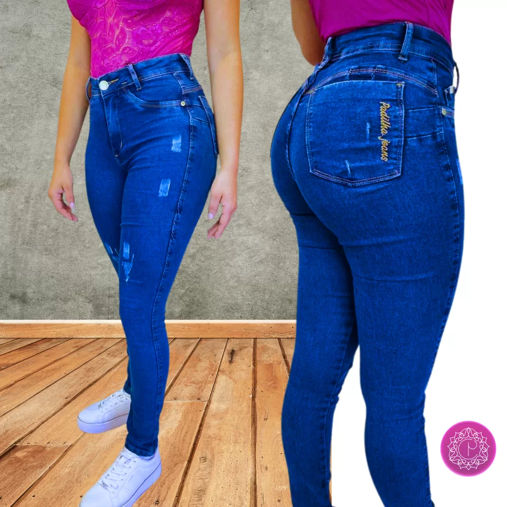 Calça Feminina Skinny Puido Elastano Cintura Alta Efeito Levanta Bumbum