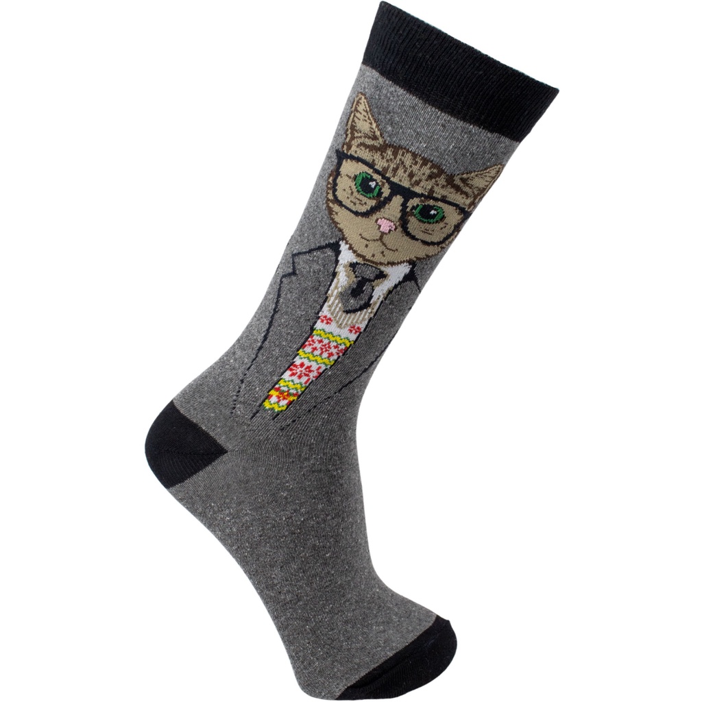 Meia Divertida Cano Longo Gato Com Óculos Oddo Cinza Masculina/Feminina