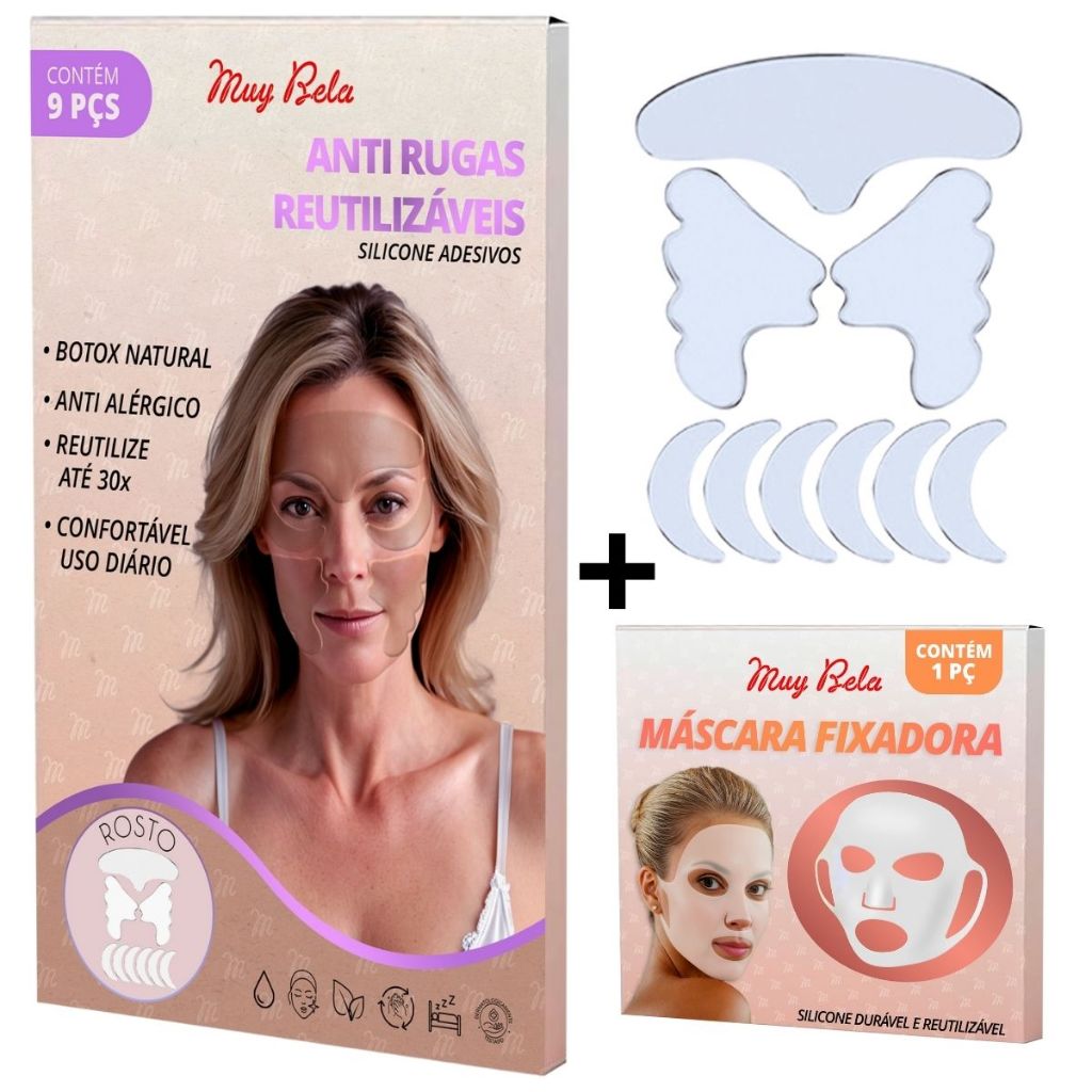 Kit 9 Adesivos Anti Rugas + Máscara Facial | Adesivo de Rosto Silicone | Lifting Facial | Skin Care