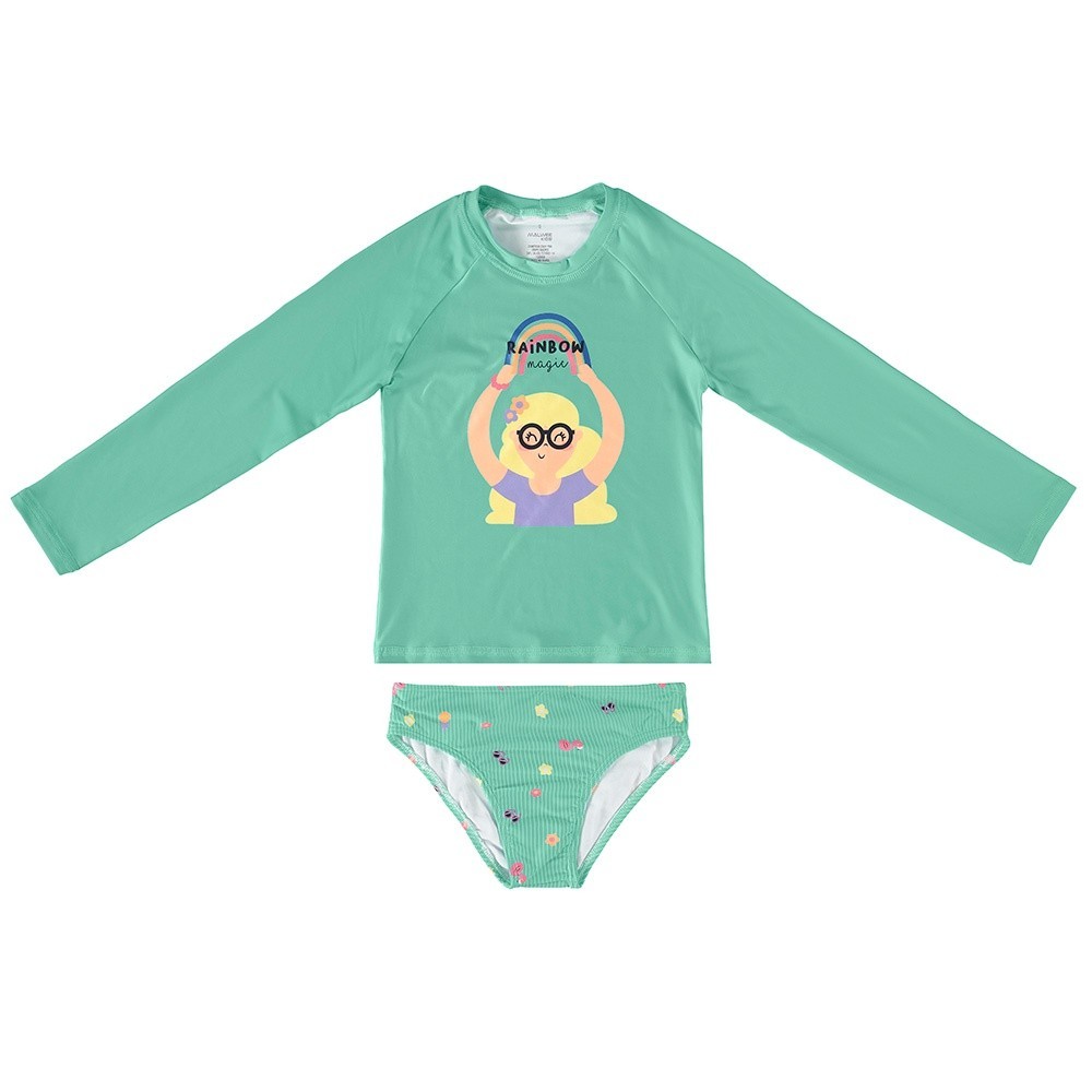 Biquíni Infantil Conjunto Blusa Manga Longa Proteção UV Verde Verão Malwee Presente de Natal