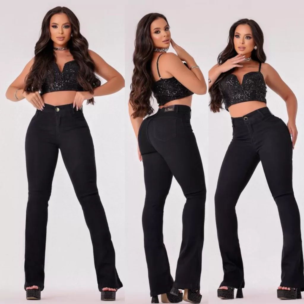 Calça Jeans Feminina flare Preta Boca de sino Elastano Lycra Levanta Bumbum