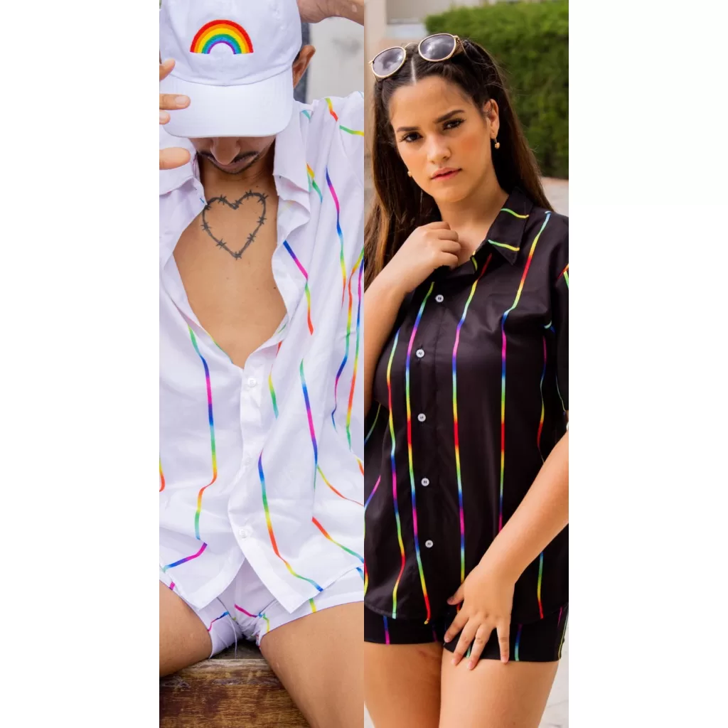 Kit Conjunto Degrade Arcoiris Branco e Preto Camisa + Short Premium