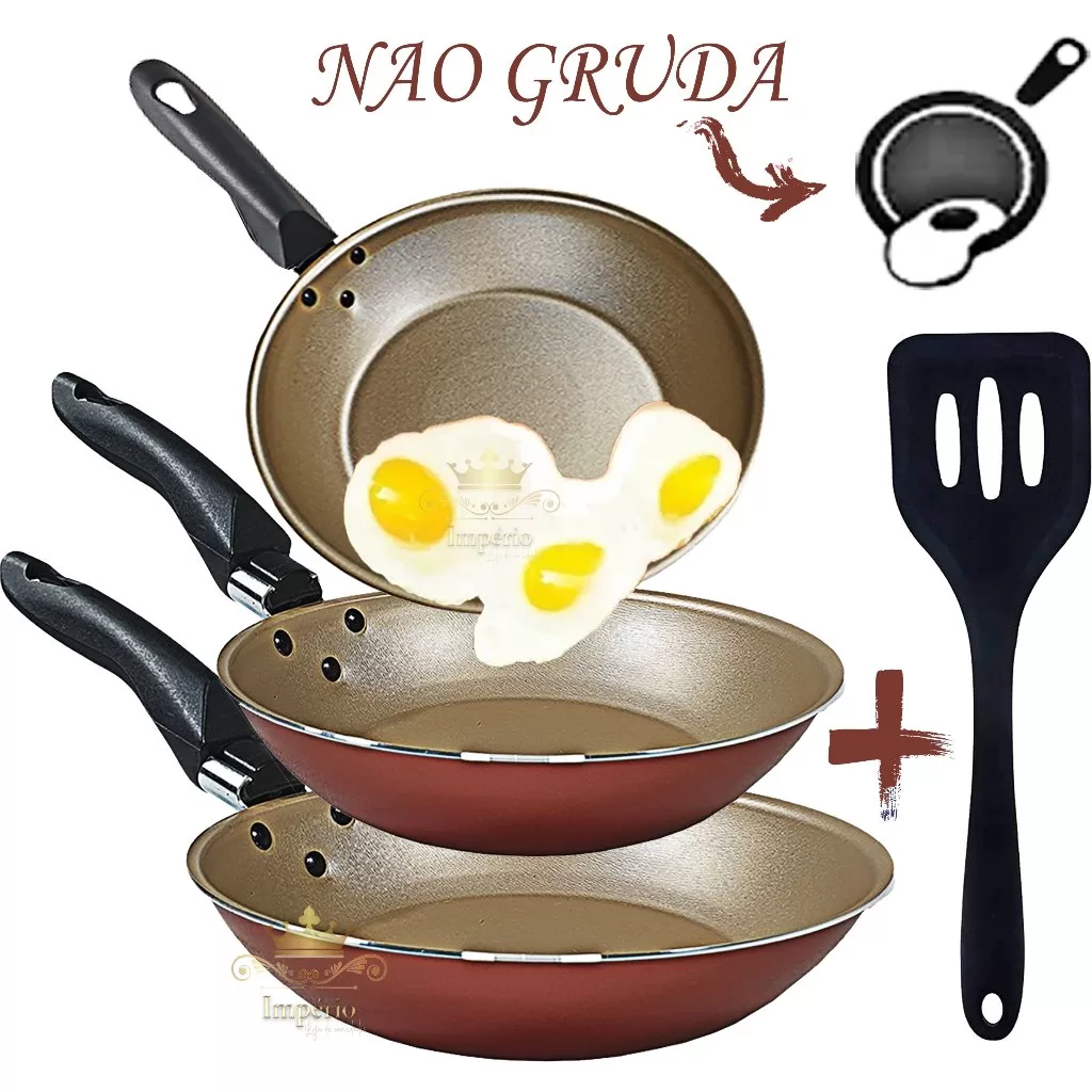 Kit de Frigideiras 3 Peças Tamanho 20, 18 E 16 Cm Com Espátula 3 Frigideira Antiaderente Francesa Co
