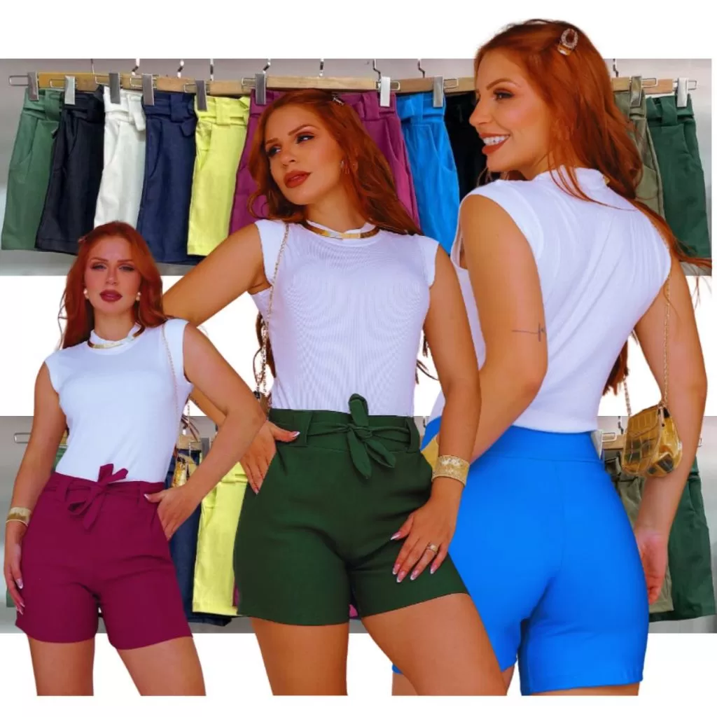 Short  Laço Shortinho Curto Feminino Bengaline Clochard