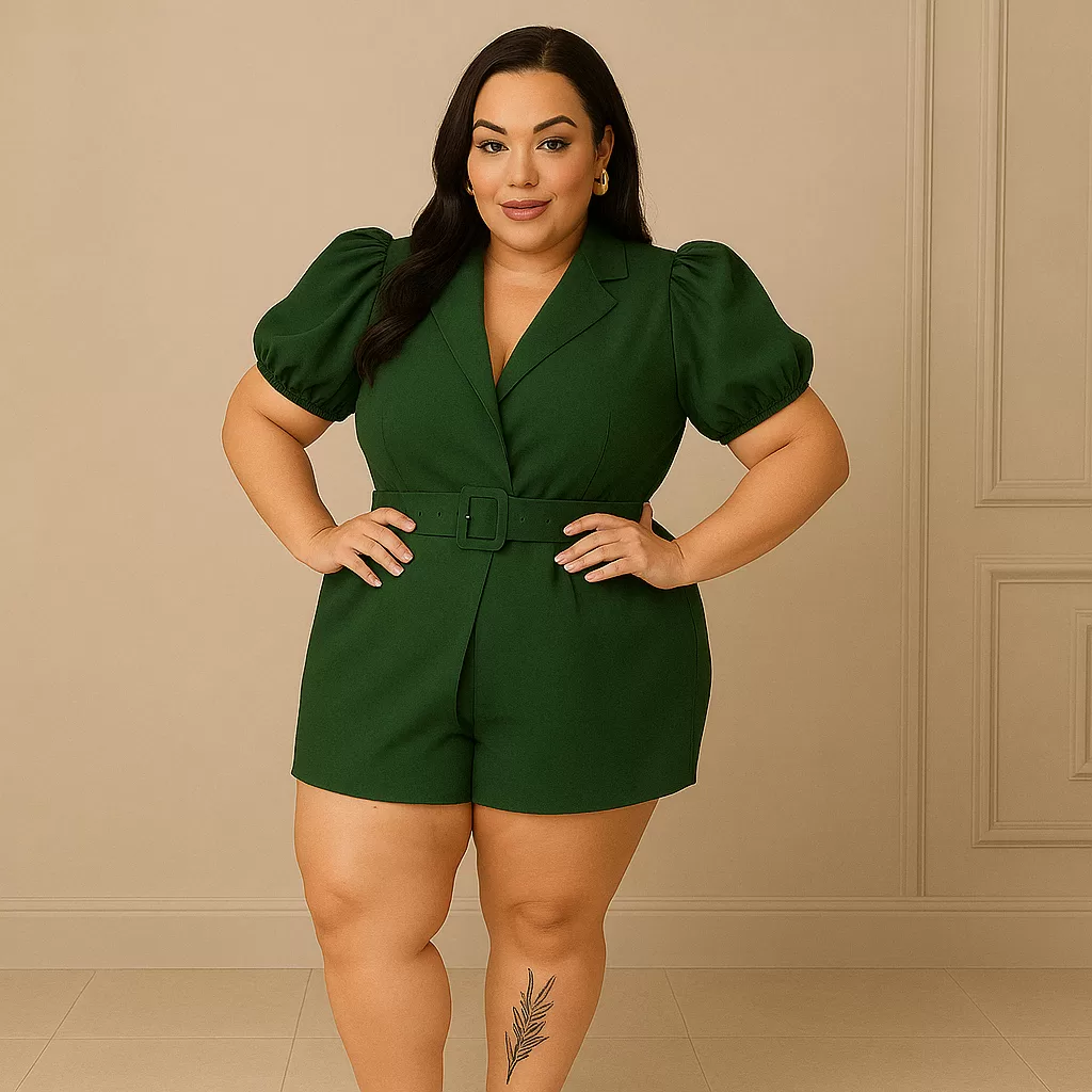 Macaquinho Feminino Alfaiataria Com Manga Princesa Plus Size Curvy