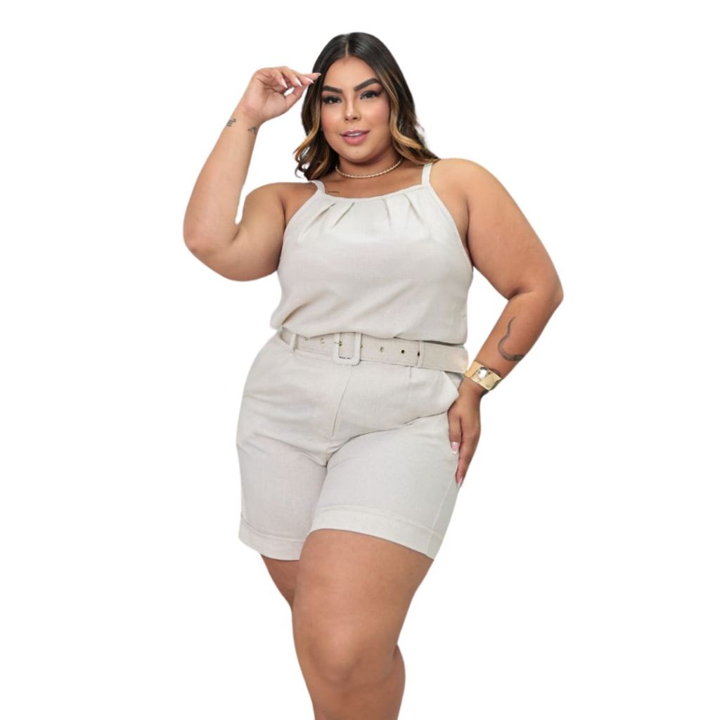 Conjunto Feminino Plus Size  + Cinto Em Linho Shorts Casual Regata Casual Verão G1 G2 G3