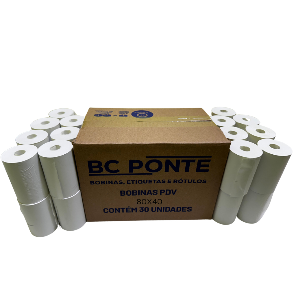 Bobina Térmica de 40 metros 80×40 Cupom Fiscal branca com 30 unidades PDV p/ impressora 80mm