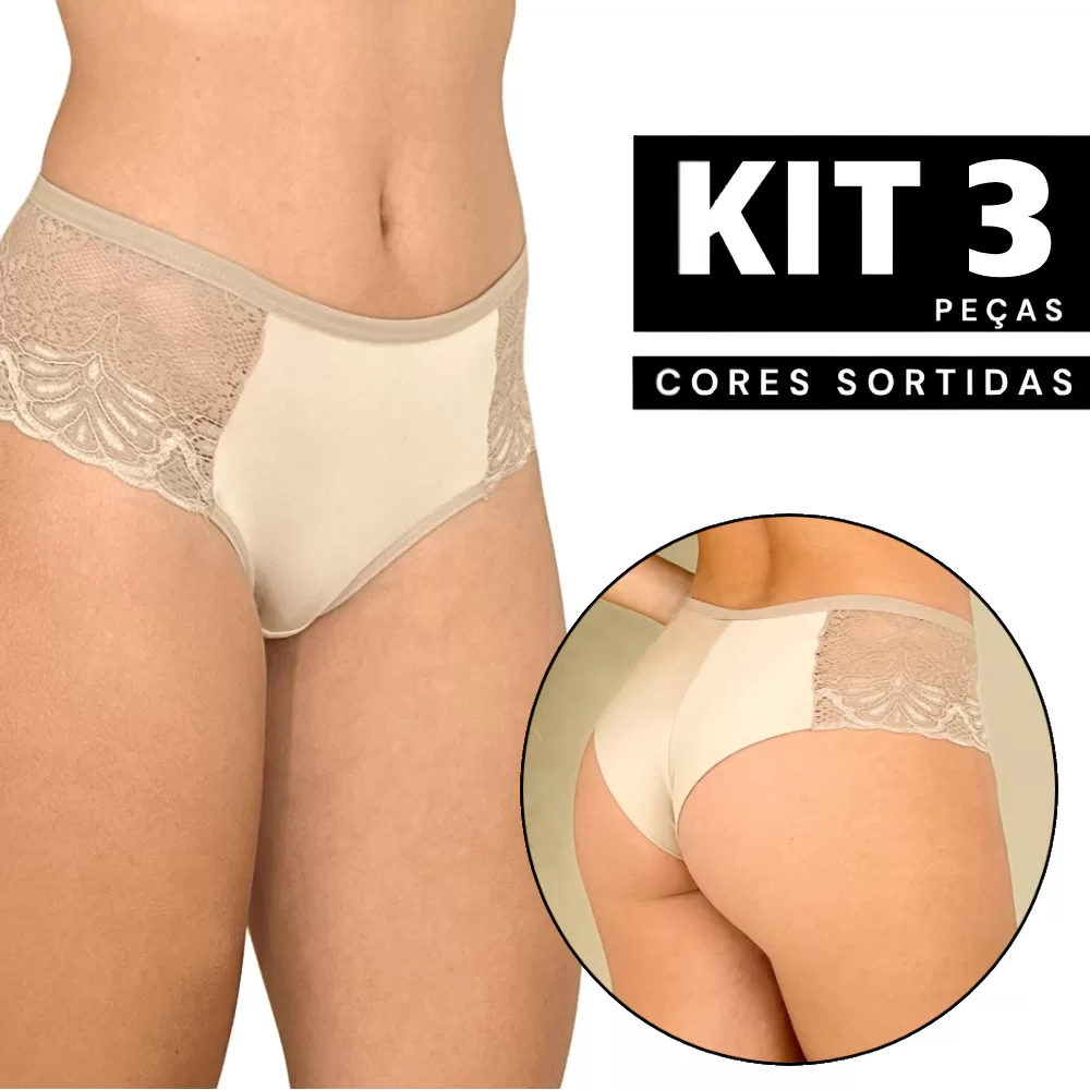 Kit 1 à 3 Calcinha com Detalhes em Renda Cintura Alta com Sustentação Confortável