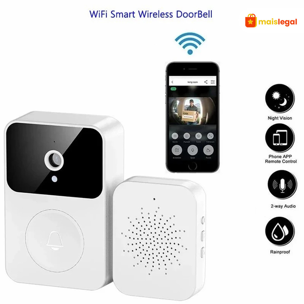 Campainha Wi-Fi Recarregável com Monitoramento HD 24h e Acessórios Completos (Cabo de Dados Incluso)