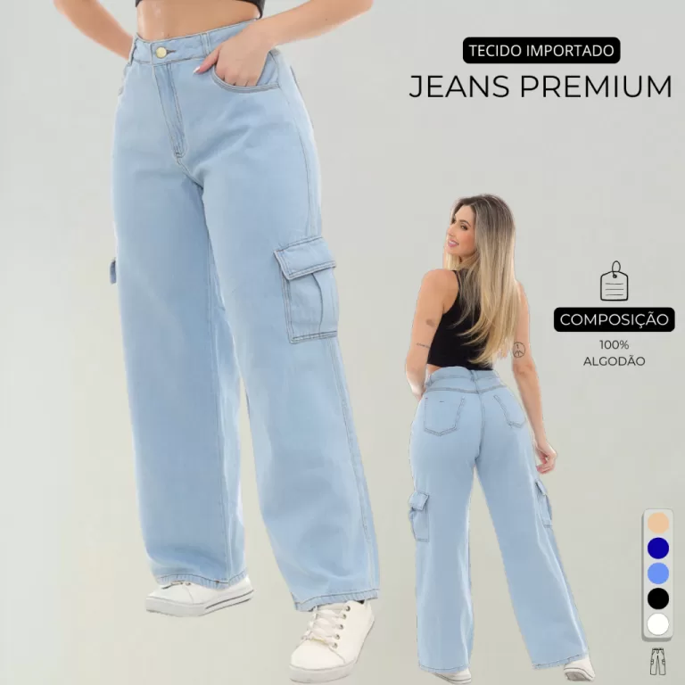 Calça Cargo Jeans Premium Feminino Com Bolsos Lat