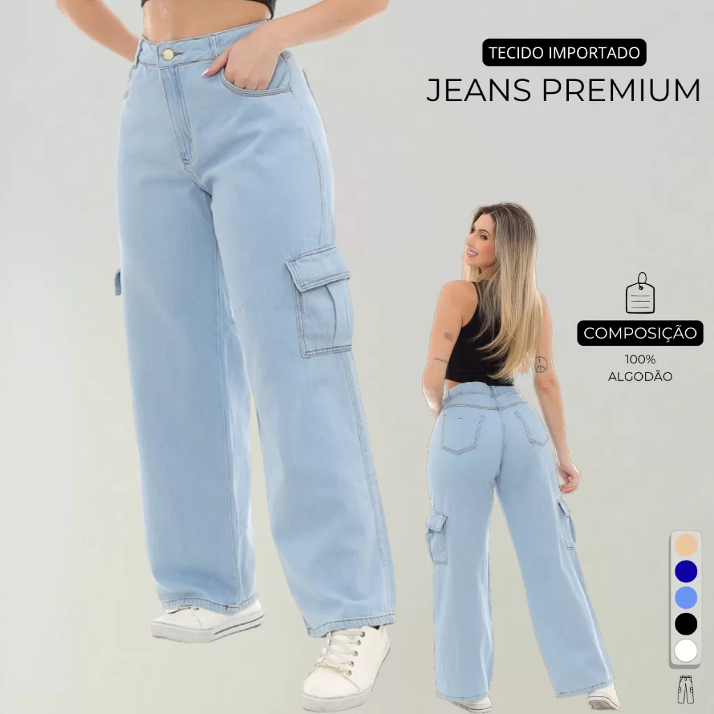 Calça Cargo Jeans Premium Feminino Com Bolsos Laterais Perna Larga + 5 Cores 10 ao 44