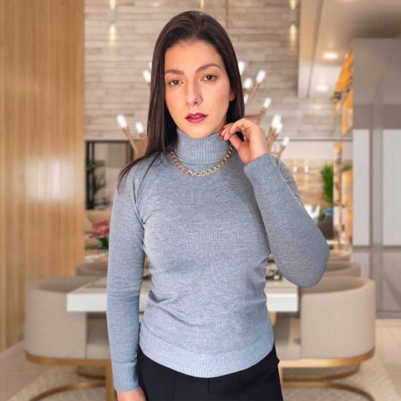 Blusa de Frio Feminina Gola Alta Cacharrel Tricot Manga Longa Canelada Inverno Quentinha Básica