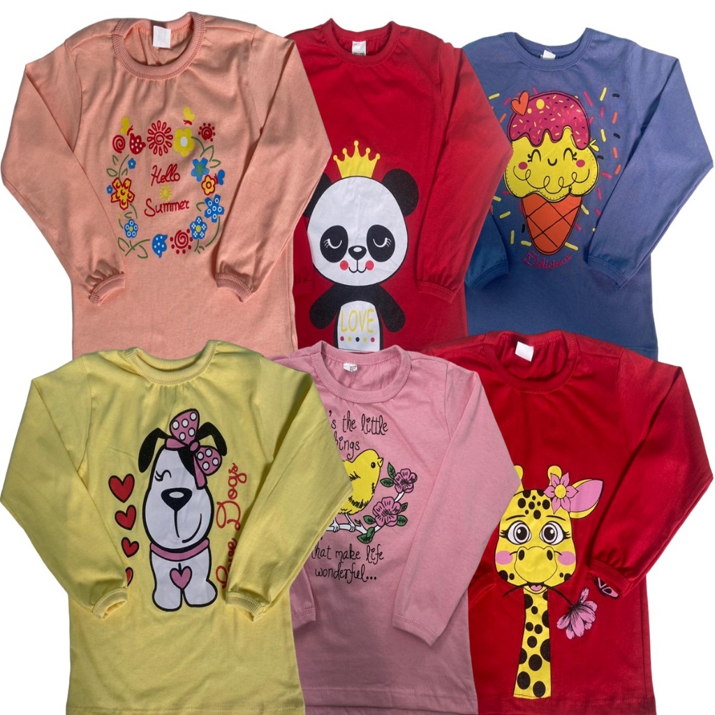 Kit 5 Camiseta Infantil Manga Longa Menina Feminino 100% Algodão Inverno 2 à 8 Anos