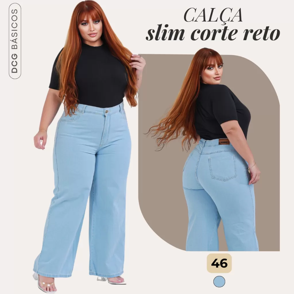 Calça Jeans Feminina Plus Size Wide Leg Casual Tamanho 46