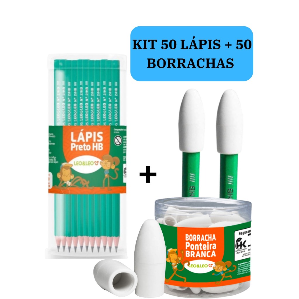 Kit 50 lápis de Escrever N.2 Preto + 50 Borracha Escolar Ponteira Branca LEOELEO Escolar Escola Estu