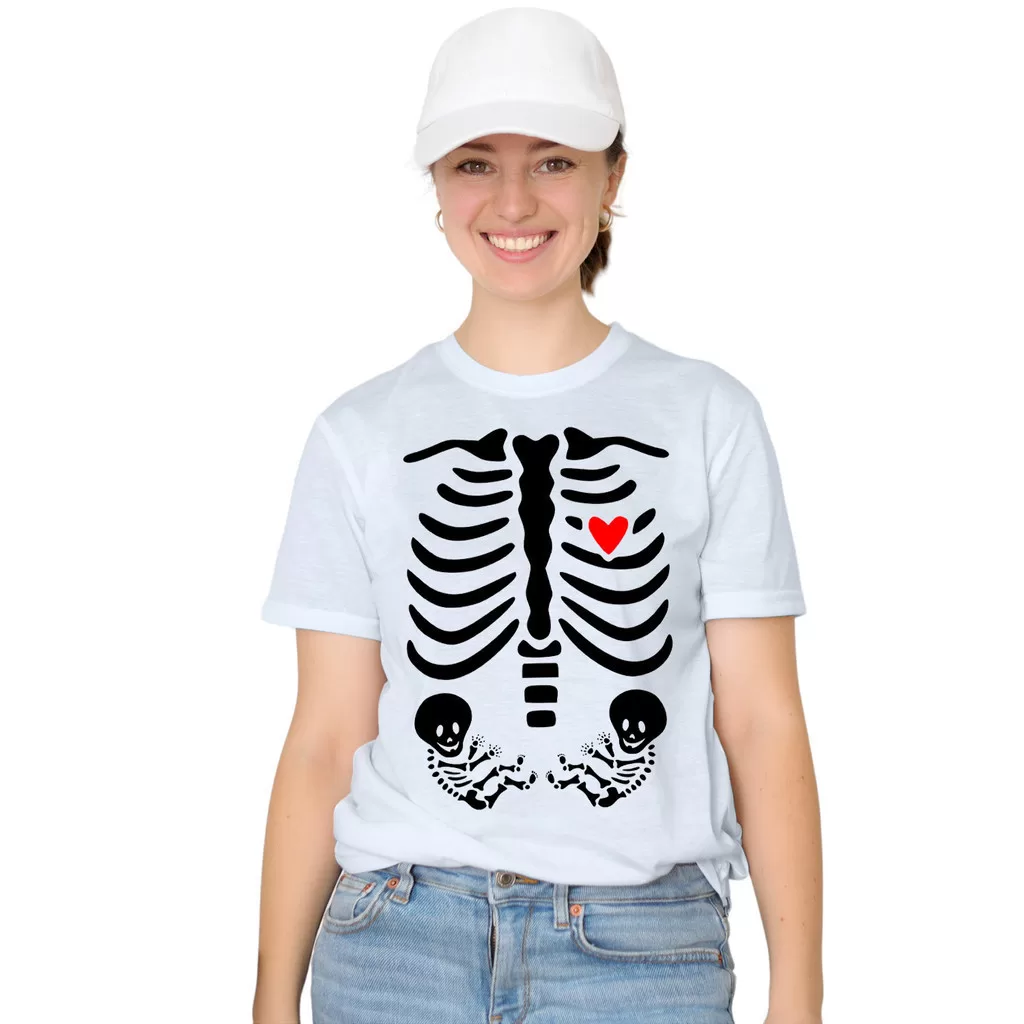 Camiseta Esqueleto Raio X Gestante Grávida Gêmeos Camisa Personalizada Blusa Adulto