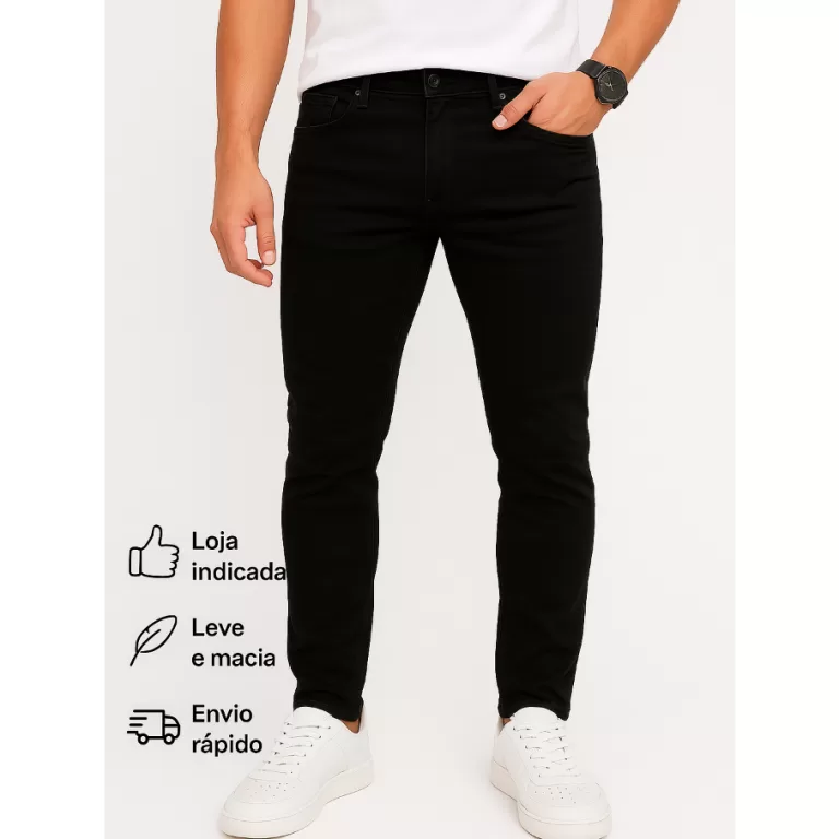 Calça Skinny Masculina Jeans Preta Lisa Material 