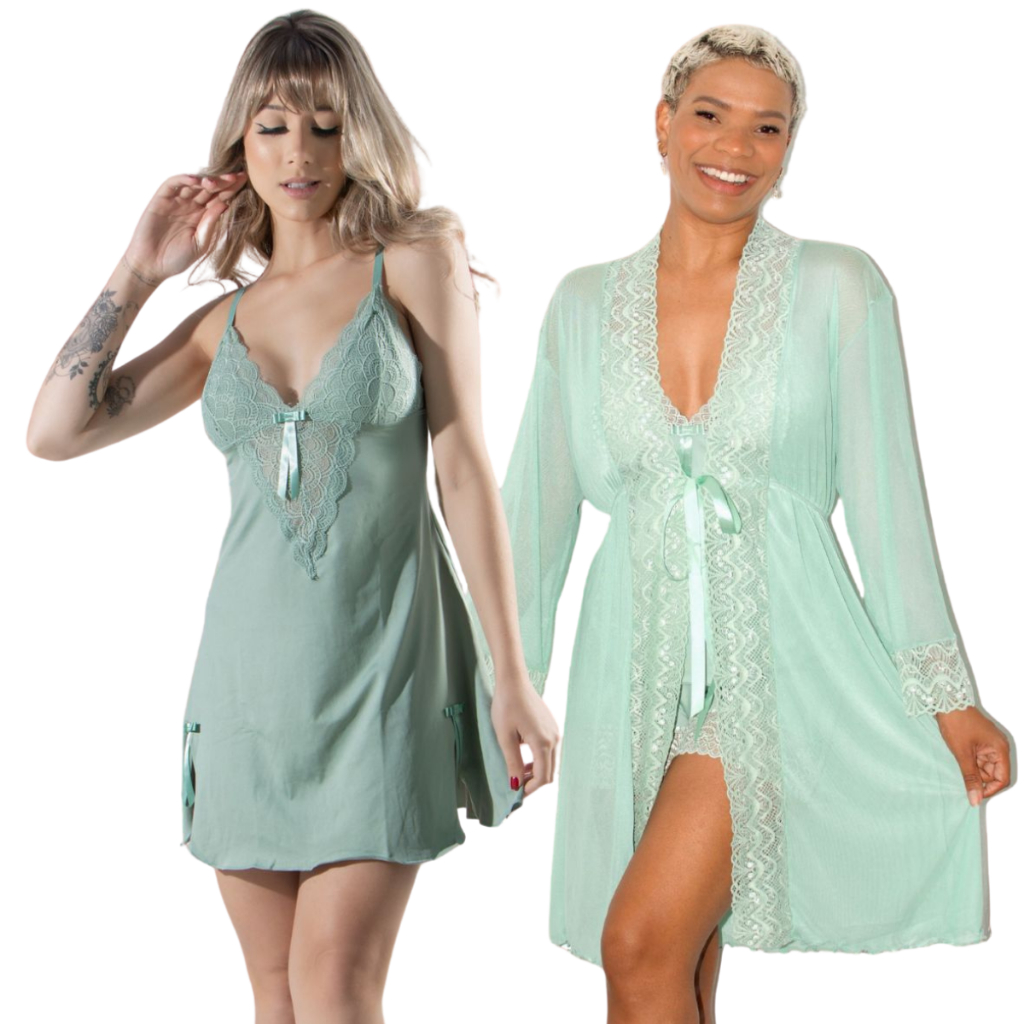 Kit Robe Com Camisola Sensual Moda Intima Luxo Pijama Roupão