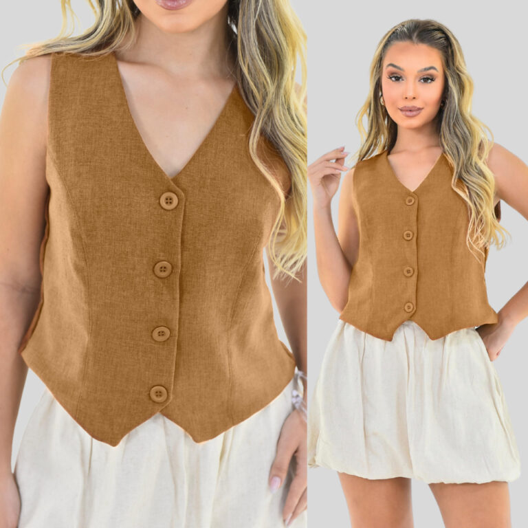 Colete Curto Sem Bolso Feminino Linho Rustico Soci