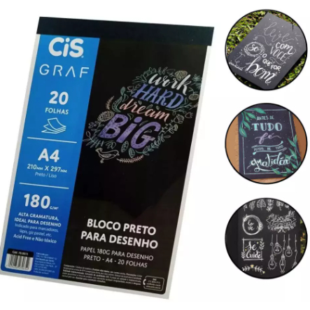 Bloco de Desenho A4 180g/m² Preto com 20 Folhas d